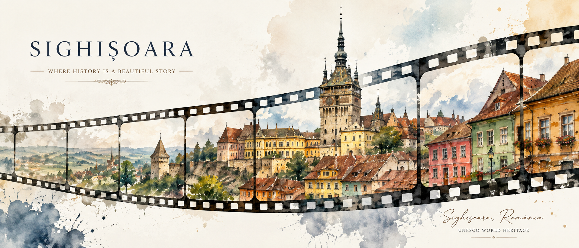 Sighișoara illustrated in watercolor across a cinematic film strip